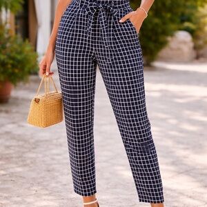 NWOT Nordstrom Women's Navy Grid Paperbag Waist Pants